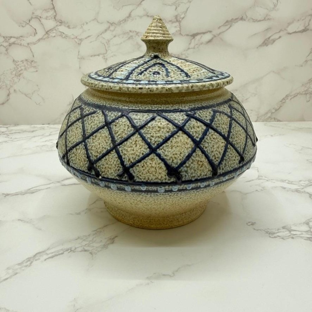 Vintage Ceramic Lidded Jar Studio Pottery Apothecary Pot Blue Tan Rustic Cottage